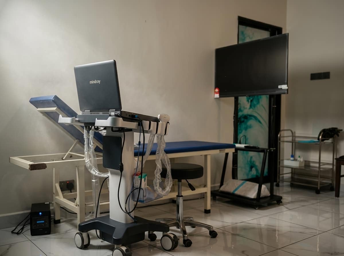Bilik pemeriksaan dengan mesin ultrasound di Klinik Nurani Sabak Bernam